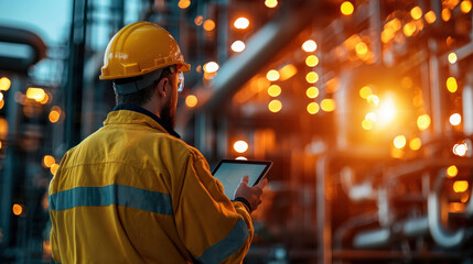 Obraz premium Industrial engineer inspecting oil refinery with tablet in hand