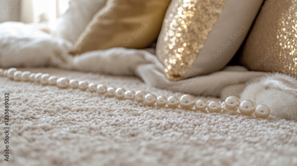 Poster luxurious bedding with plush pillows and delicate pearls on soft carpet featuring inviting empty spa