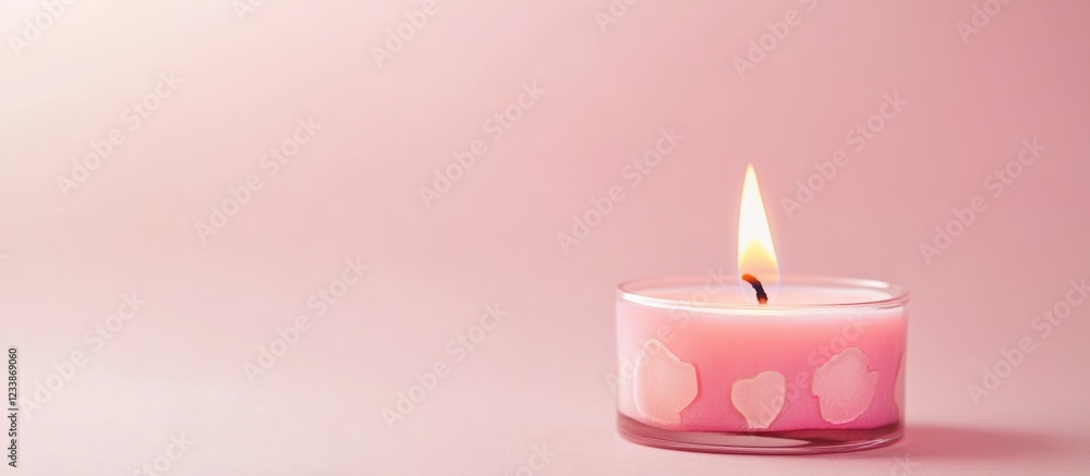 Aufkleber whimsical candle burning softly on a pastel pink background with ample empty space for text or brand