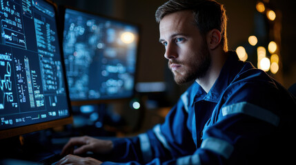 focused engineer working on refinery automation at night, surrounded by screens displaying data and graphs