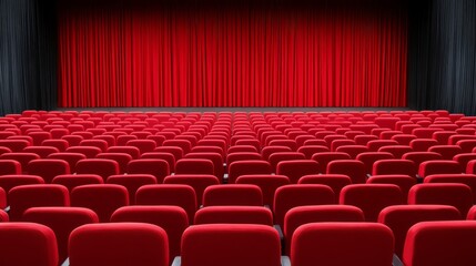 Fototapeta premium Empty Red Seats in a Movie Theater Facing a Stage with Red Curtains