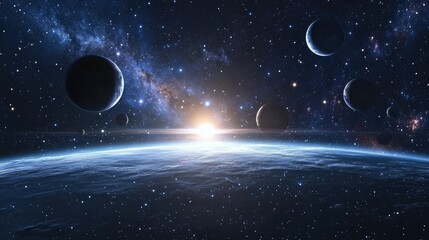 Obraz premium Cosmic Stars and Planets Background with Empty Copyspace in a Vast Universe Field and Stunning Starscape.