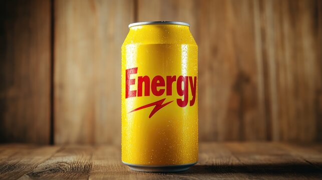 Vibrant yellow energy drink can with bold red Energy lettering on wooden background showcasing refreshing beverage branding.