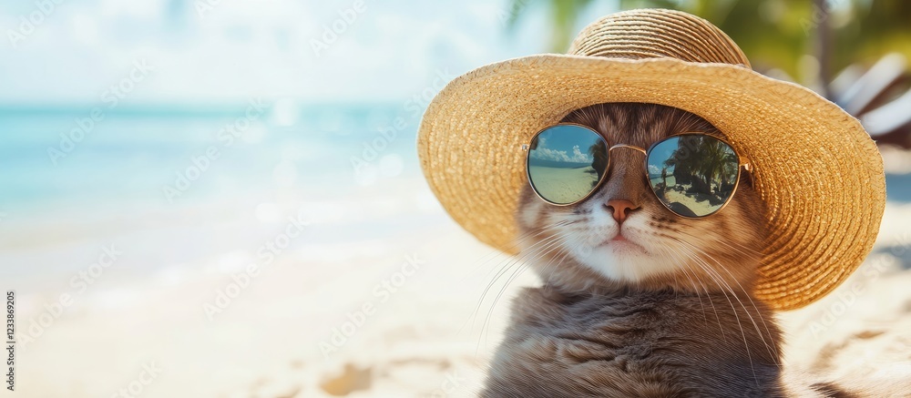 Poster cat wearing a hat and sunglasses on a sunny beach with empty copy space for text and a serene ocean 