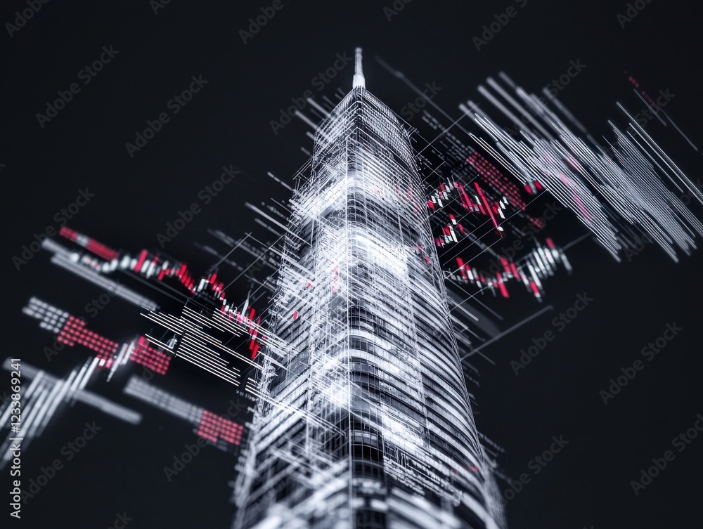 Poster modern skyscraper with glowing financial graphs urban setting digital art nighttime abstract technol