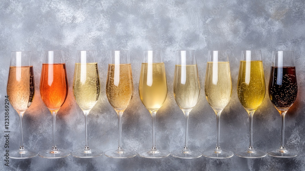 Poster diverse selection of white sparkling wines in elegant flutes arranged with copy space for text on a 