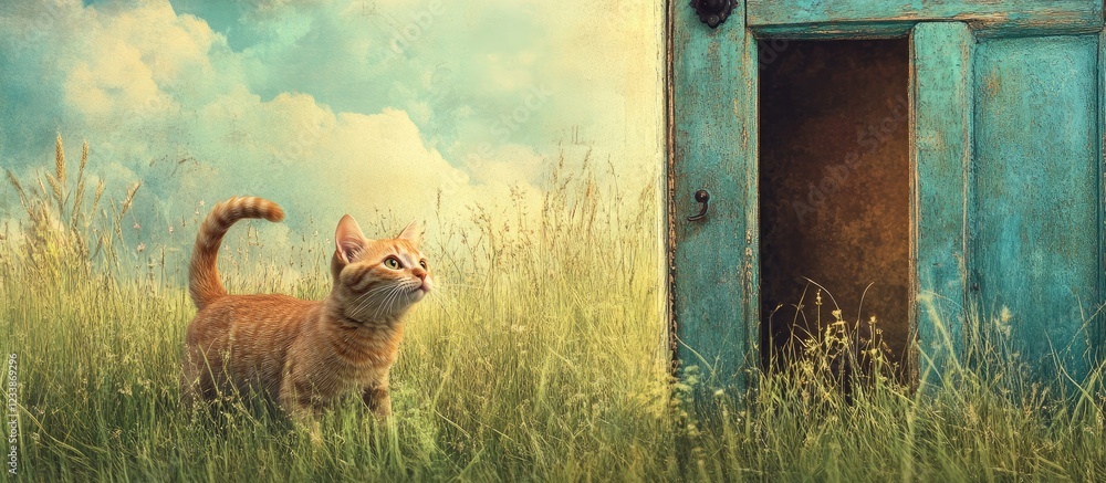 Poster cat exploring a grassy meadow by an open door with dreamy clouds in the background creating a whimsi