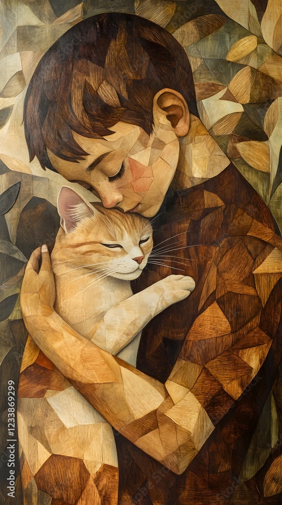Poster abstract art distorted forms a muslim boy hugging his cat both figures in wood texture with muted co