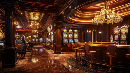 Blurred view of an elegant casino interior with luxurious chandeliers, slot machines, and a bar counter. The warm lighting creates a sophisticated and inviting atmosphere. Ideal for background use.