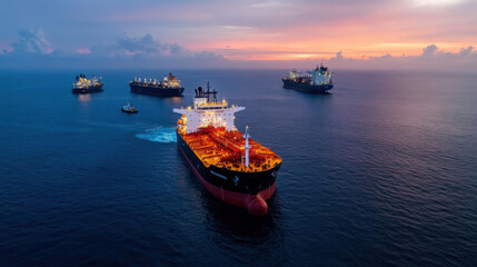 Fototapeta premium Large tankers at sea during sunset, showcasing maritime industry and shipping