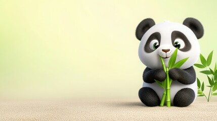 Cute Cartoon Panda Holding Bamboo on Soft Green Background
