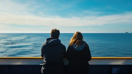 Couple enjoying the serene ocean view from a ferryboat with empty copyspace for text or branding purposes