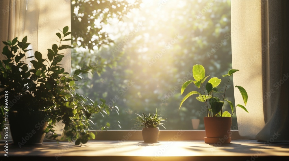 Poster sunlit window with houseplants creating a bright and refreshing atmosphere ideal for promoting welln