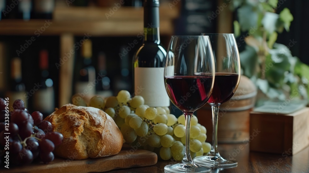 Poster wines and bread with grapes on wooden table featuring empty copy space for text in cozy ambiance