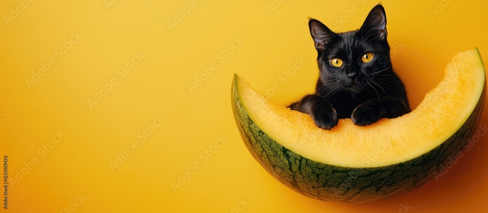 Poster cat resting on melon slice against vibrant yellow background with ample copy space for text in a min