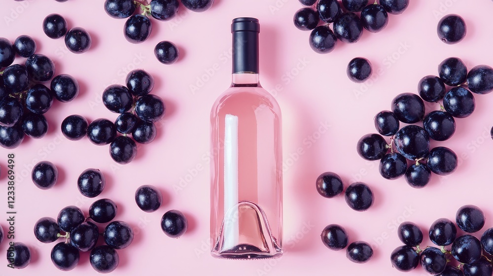 Poster rosã© wine bottle surrounded by black grapes on a soft pink backdrop creating an elegant and invitin
