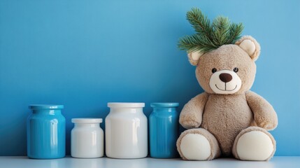 Teddy bear adorned with spruce branch by colorful display jars against a blue background with empty space for text and design elements.