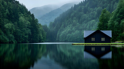 Fototapeta premium Misty lake house, tranquil valley, serene reflection, nature escape