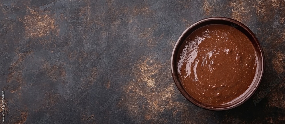 Poster chef creating rich homemade chocolate mousse with empty space for text on dark background