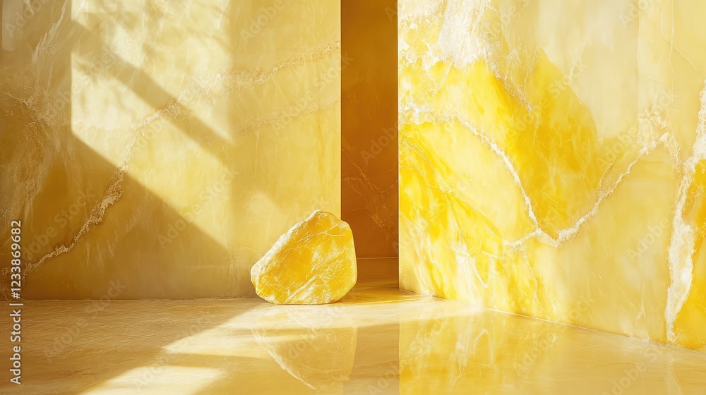 Poster elegant yellow marble stone resting on a luminous golden backdrop with soft shadows highlighting its