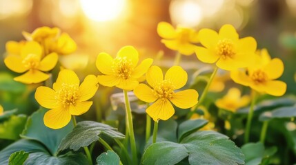 Vibrant Yellow Marsh Marigold Flowers in Close Up Against a Golden Sunset in a Lush Spring Nature Landscape