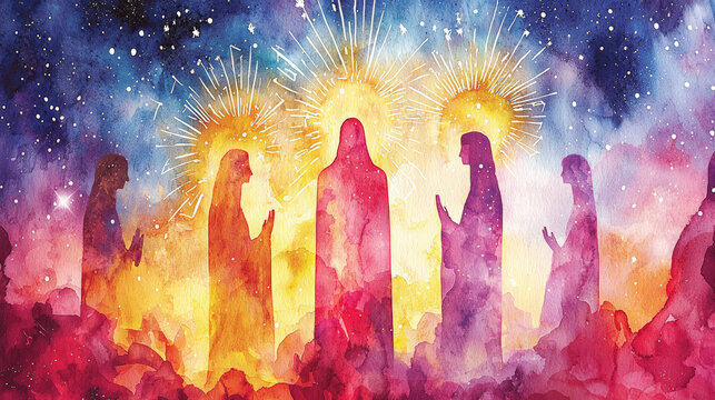 Colorful watercolor painting of figures with glowing halos in cosmic scene