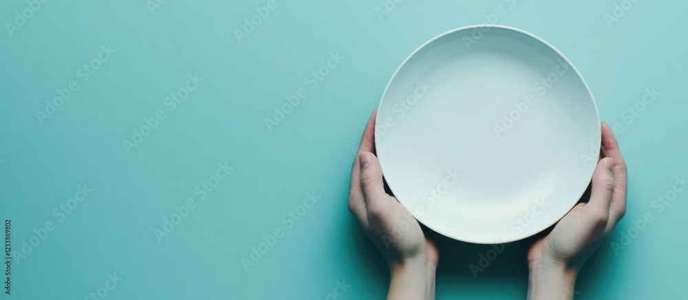 Aufkleber chef presenting a blank plate on aquamarine surface with copy space for text in fine dining context