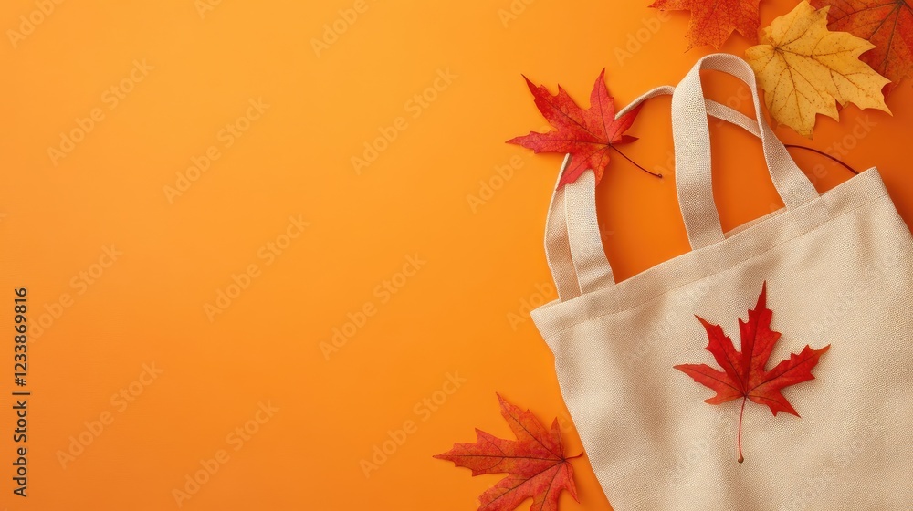 Poster cotton bag with red maple leaves on an orange background featuring empty copyspace for text in an au