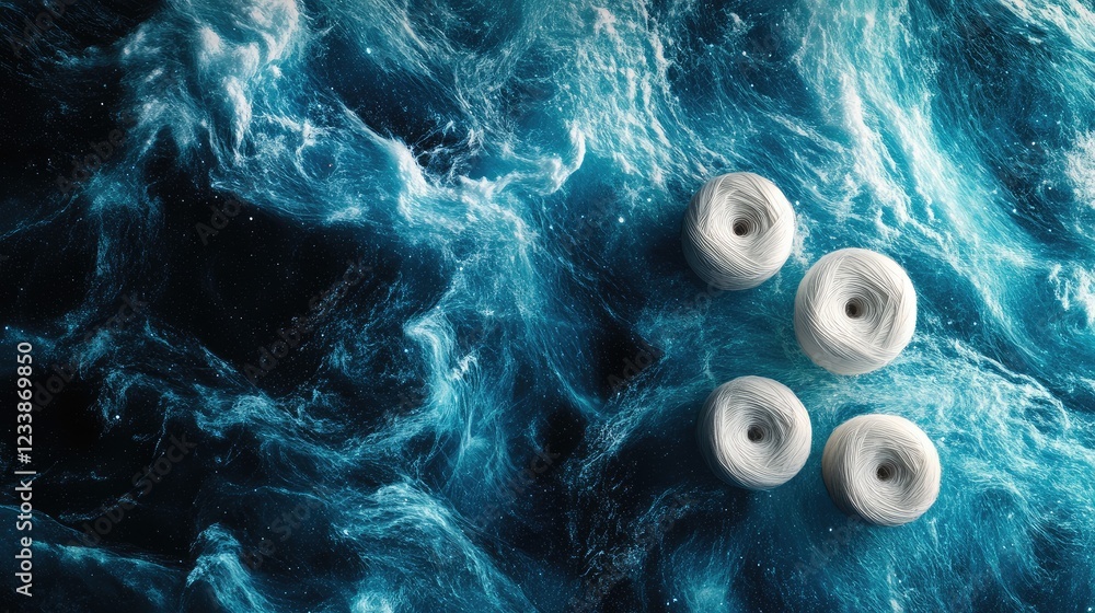 Poster cotton threads arranged creatively on a vibrant galaxy-inspired ocean background with empty space fo