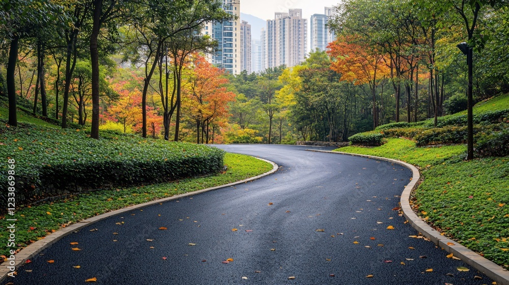 Poster autumn path winding through trees with colorful foliage and a city skyline in the background