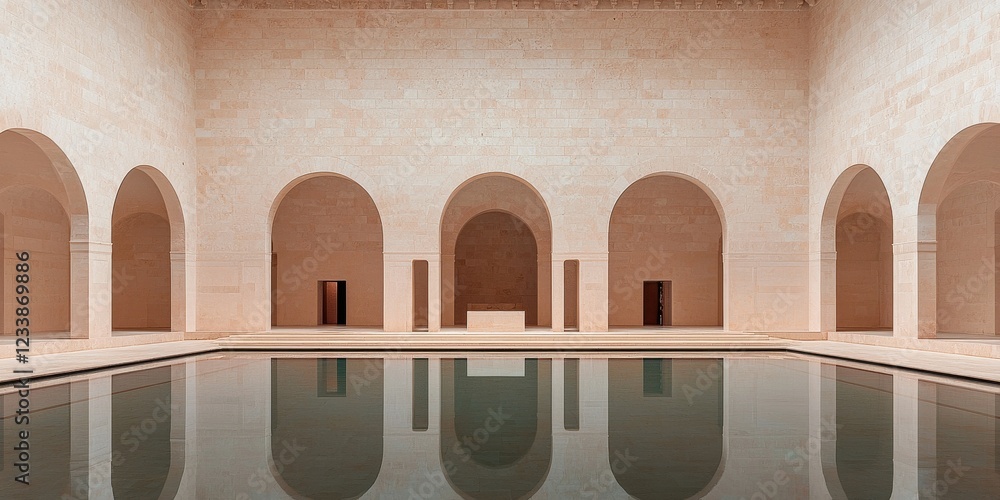 Poster symmetrical reflection of a building in water at sunset architecture centered angle soft lighting tr