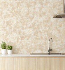 Light beige wallpaper with small, scattered floral patterns in soft pastel tones. The pattern is dense and evenly distributed across the wall's surface, creating an elegant yet rustic look that 