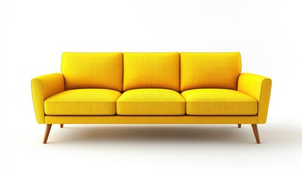 Fototapeta premium Vibrant yellow modern three-seater sofa with fabric upholstery and wooden legs, elegantly showcased against a bright white background for stylish living room decor.