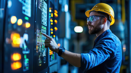 Technician in safety gear operating control panel in industrial setting