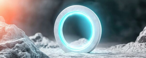 Fototapeta premium A futuristic glowing ring sits on a rocky surface, surrounded by a mystical atmosphere, hinting at otherworldly realms.