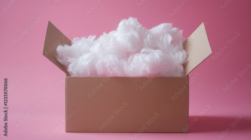 Poster cotton fluff overflowing from a box with a pink handle against a pastel background ideal for product