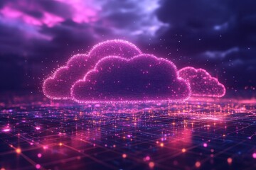 Obraz premium Digital clouds with glowing particles in a futuristic landscape.