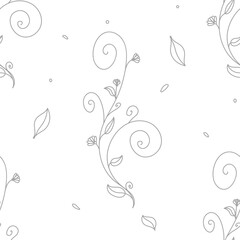 Floral seamless pattern, Elegant floral pattern, grey line art of vines, leaves, and flowers on a seamless repeat background