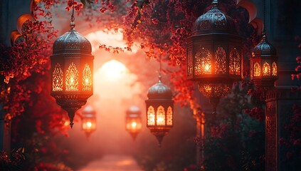 Illuminated Lanterns Hanging Among Vines with a Sunset Background

