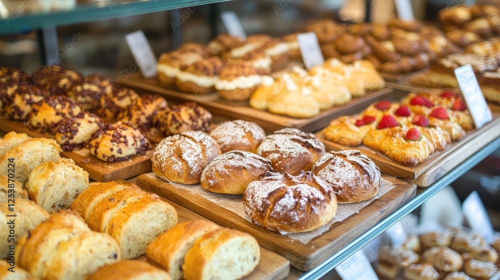 Aufkleber freshly baked artisan breads and pastries displayed in a rustic bakery setting with empty copy space