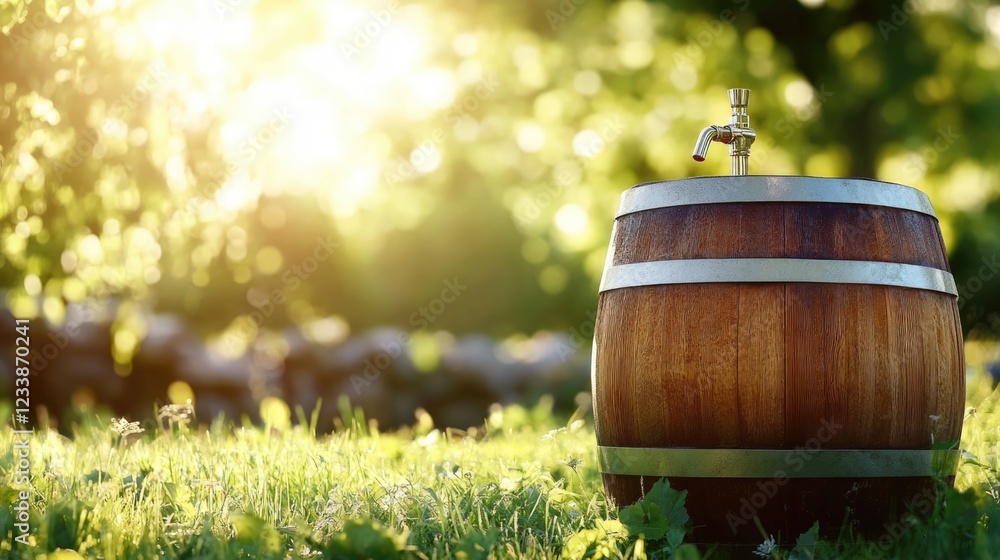 Poster wooden barrel with tap on grass under sunlight in a blurred field creating an inviting atmosphere wi