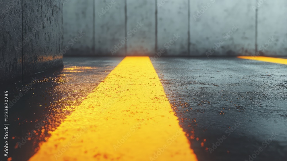 Poster vivid yellow line on textured asphalt in dimly lit urban environment creating copy space for design 