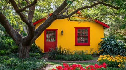 Vibrant yellow cottage with red door and windows nestled in a lush garden.