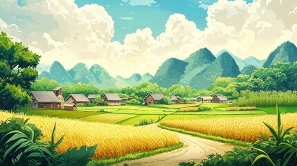 Fototapeta premium Serene Village nestled among lush green fields and mountains