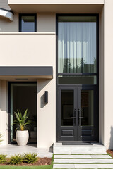 Modern House Exterior: Elegant Design and Contemporary Architecture.  The stunning front entrance features a sleek black door and large windows, showcasing a luxurious and minimalist aesthetic.