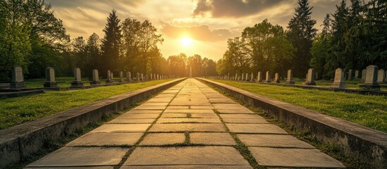 Cenotaphs and memorials for World War 1 soldiers at sunset symbolizing sacrifice and freedom with space for text and reflection