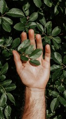 Nature symbolism hands holding delicate leaves in dappled sunlight macro viewpoint with greenery background