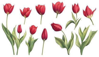 Obraz premium Red tulip flower vector set isolated on a white background, flat design, with a PNG transparent background and a clipping path. Full-body photo of red tulips with water drops. Red tulip vector 