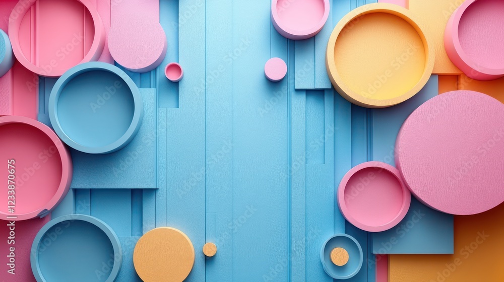 Aufkleber abstract pastel geometric shapes composition: a playful 3d render of overlapping circles and squares