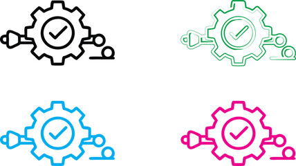 Minimalist icon set, gear symbols with checkmarks, simple line drawings, monochromatic color schemes, black, green, blue, and pink variations, clean vector graphics, productivity concept, quality assu
